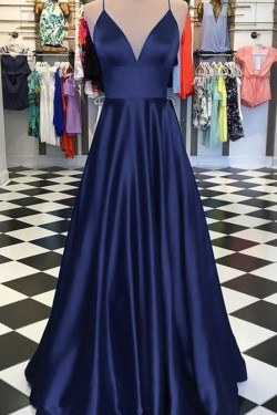 A-Line Long Satin V-Neck Prom Dresses Formal Evening Gowns 6011591