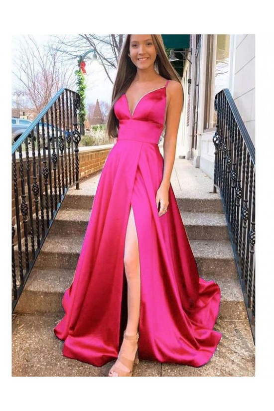 A-Line Long Satin V-Neck Prom Dresses Formal Evening Gowns 6011591 A-Line Long Satin V-Neck Prom Dresses Formal Evening Gowns 6011591