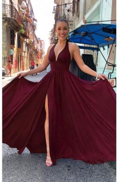 A-Line Simple V-Neck Long Prom Dresses Formal Evening Gowns 6011595