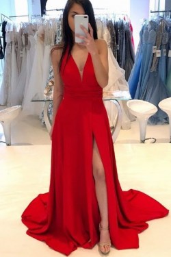 A-Line V-Neck Long Red Prom Dresses Formal Evening Gowns 6011598