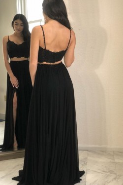 Long Black Beaded Lace Two Pieces Prom Dresses Formal Evening Gowns 6011606