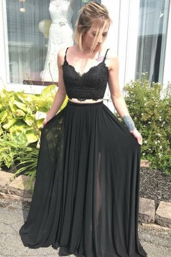 Long Black Beaded Lace Two Pieces Prom Dresses Formal Evening Gowns 6011606