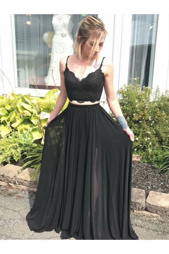 Long Black Beaded Lace Two Pieces Prom Dresses Formal Evening Gowns 6011606 Long Black Beaded Lace Two Pieces Prom Dresses Formal Evening Gowns 6011606