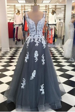 A-Line Lace Appliques Long Prom Dresses Formal Evening Gowns 6011611