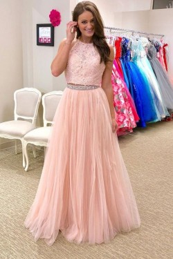 A-Line Beaded Lace Tulle Long Prom Dresses Formal Evening Gowns 6011612