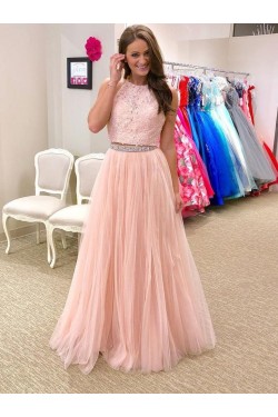 A-Line Beaded Lace Tulle Long Prom Dresses Formal Evening Gowns 6011612