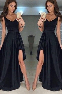 Long Black Asymmetrical V-Neck Prom Dresses Formal Evening Gowns 6011615