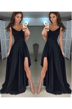 Long Black Asymmetrical V-Neck Prom Dresses Formal Evening Gowns 6011615