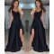 Long Black Asymmetrical V-Neck Prom Dresses Formal Evening Gowns 6011615