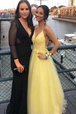 A-Line Beaded Lace Long Yellow Prom Dresses Formal Evening Gowns 6011620
