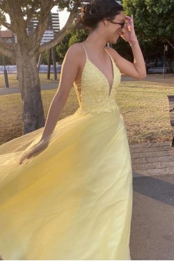 A-Line Beaded Lace Long Yellow Prom Dresses Formal Evening Gowns 6011620