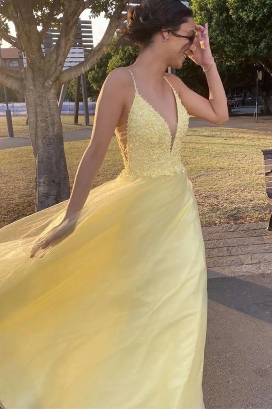 A-Line Beaded Lace Long Yellow Prom Dresses Formal Evening Gowns 6011620 A-Line Beaded Lace Long Yellow Prom Dresses Formal Evening Gowns 6011620