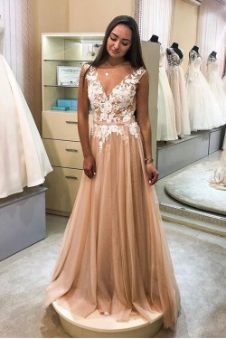 A-Line Tulle Lace V-Neck Long Prom Dresses Formal Evening Gowns 6011622