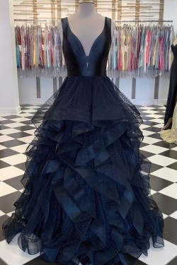 Long Navy V-Neck Prom Dresses Formal Evening Gowns 6011625