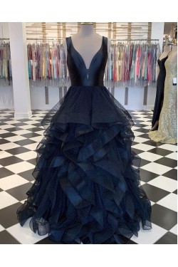 Long Navy V-Neck Prom Dresses Formal Evening Gowns 6011625
