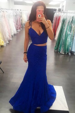 Mermaid Lace Two Pieces Long Prom Dresses Formal Evening Gowns 6011641