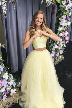 A-Line Two Pieces Long Yellow Prom Dresses Formal Evening Gowns 6011656