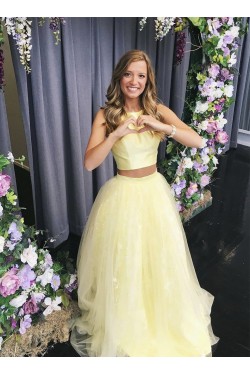 A-Line Two Pieces Long Yellow Prom Dresses Formal Evening Gowns 6011656