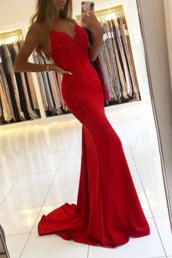 Long Red Mermaid Beaded Lace Prom Dresses Formal Evening Gowns 6011659