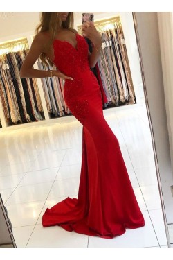 Long Red Mermaid Beaded Lace Prom Dresses Formal Evening Gowns 6011659