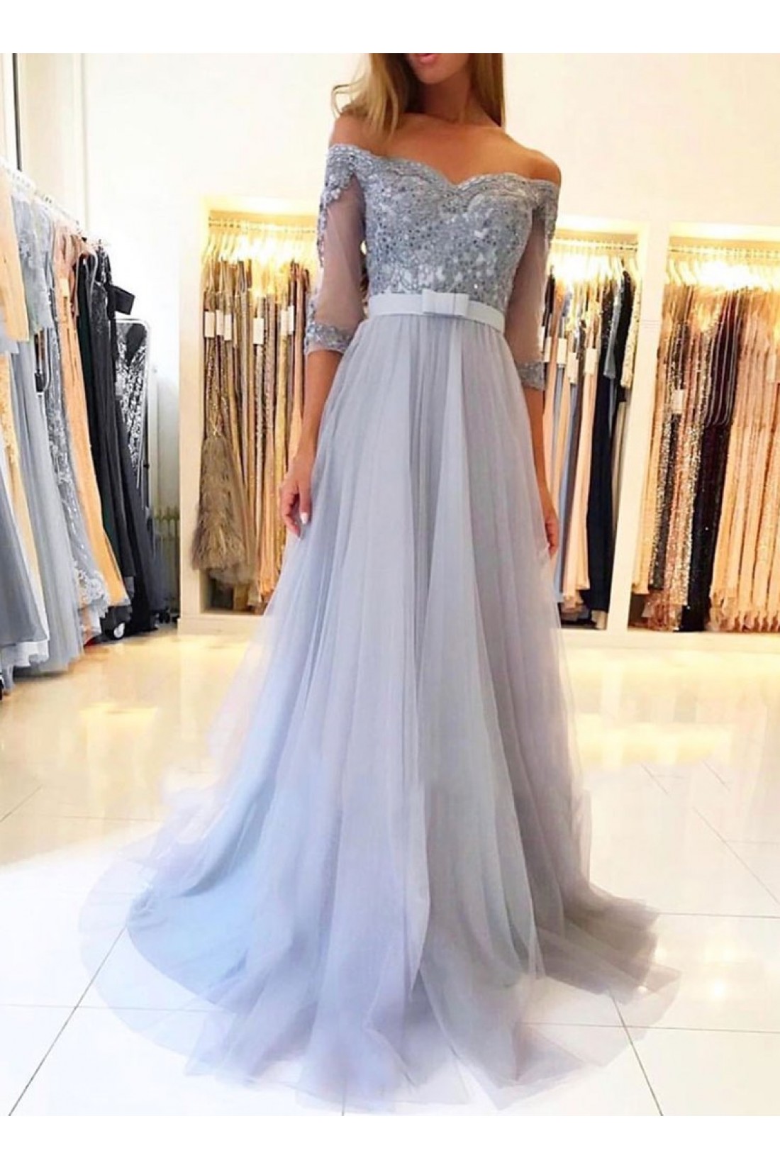 A-Line Off-the-Shoulder Lace Tulle Long Prom Dresses Formal Evening ...