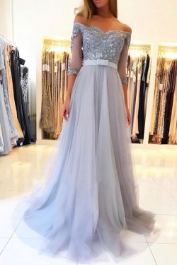 A-Line Off-the-Shoulder Lace Tulle Long Prom Dresses Formal Evening Gowns 601814