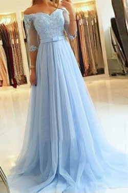 A-Line Off-the-Shoulder Lace Tulle Long Prom Dresses Formal Evening Gowns 601815