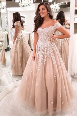 A-Line Off-the-Shoulder Lace Long Prom Dresses Formal Evening Gowns 601817