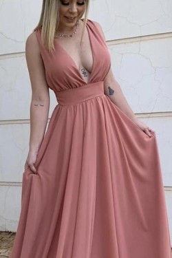 A-Line Chiffon V-Neck Long Prom Dresses Formal Evening Gowns 601820