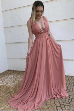A-Line Chiffon V-Neck Long Prom Dresses Formal Evening Gowns 601820