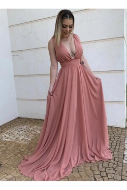 A-Line Chiffon V-Neck Long Prom Dresses Formal Evening Gowns 601820