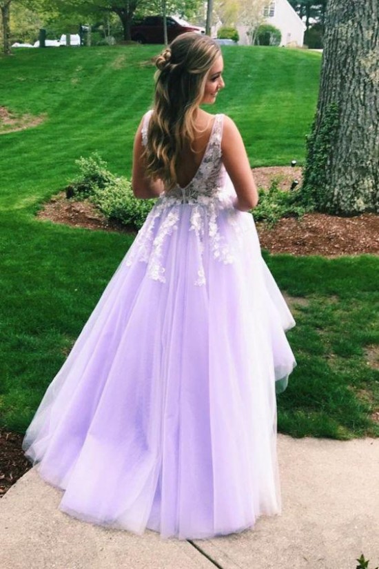 A-Line Lace Tulle V-Neck Long Prom Dresses Formal Evening Gowns 601822