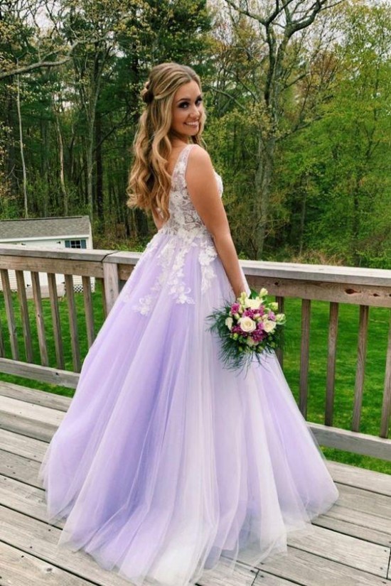 A-Line Lace Tulle V-Neck Long Prom Dresses Formal Evening Gowns 601822