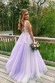 A-Line Lace Tulle V-Neck Long Prom Dresses Formal Evening Gowns 601822