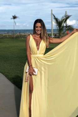 A-Line V-Neck Long Prom Dresses Formal Evening Gowns with Side Slit 601823