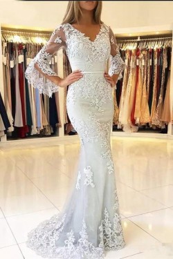 Elegant Mermaid Lace V-Neck Long Prom Formal Evening Gowns Mother of The Bride Dresses 601824