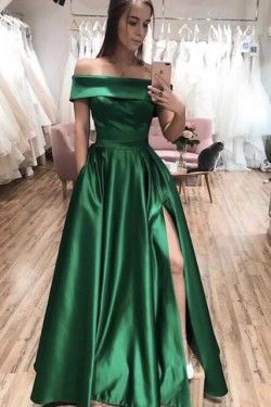 A-Line Off-the-Shoulder Long Prom Dresses Formal Evening Gowns With Pockets 601826