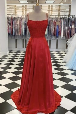 A-Line Spaghetti Straps Lace Long Prom Dresses Formal Evening Gowns 601827