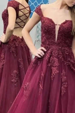 A-Line Lace Off-the-Shoulder Long Prom Dresses Formal Evening Gowns 601828