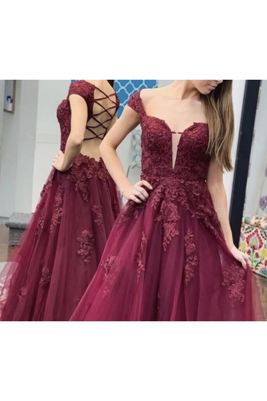 A-Line Lace Off-the-Shoulder Long Prom Dresses Formal Evening Gowns 601828