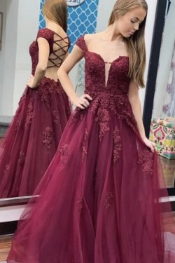 A-Line Lace Off-the-Shoulder Long Prom Dresses Formal Evening Gowns 601828