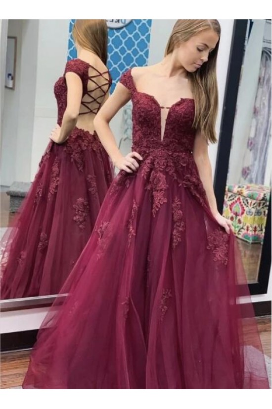 A-Line Lace Off-the-Shoulder Long Prom Dresses Formal Evening Gowns 601828