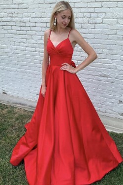 A-Line Spaghetti Straps V-Neck Long Prom Dresses Formal Evening Gowns 601829