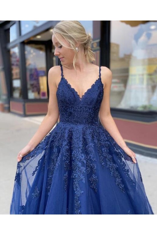 A-Line Spaghetti Straps Lace V-Neck Long Prom Dresses Formal Evening Gowns 601831
