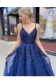 A-Line Spaghetti Straps Lace V-Neck Long Prom Dresses Formal Evening Gowns 601831