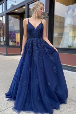 A-Line Spaghetti Straps Lace V-Neck Long Prom Dresses Formal Evening Gowns 601831