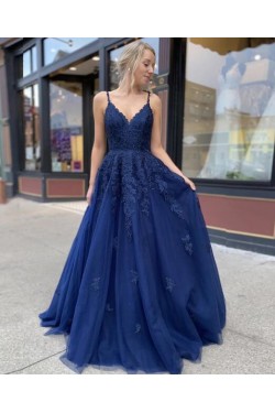 A-Line Spaghetti Straps Lace V-Neck Long Prom Dresses Formal Evening Gowns 601831