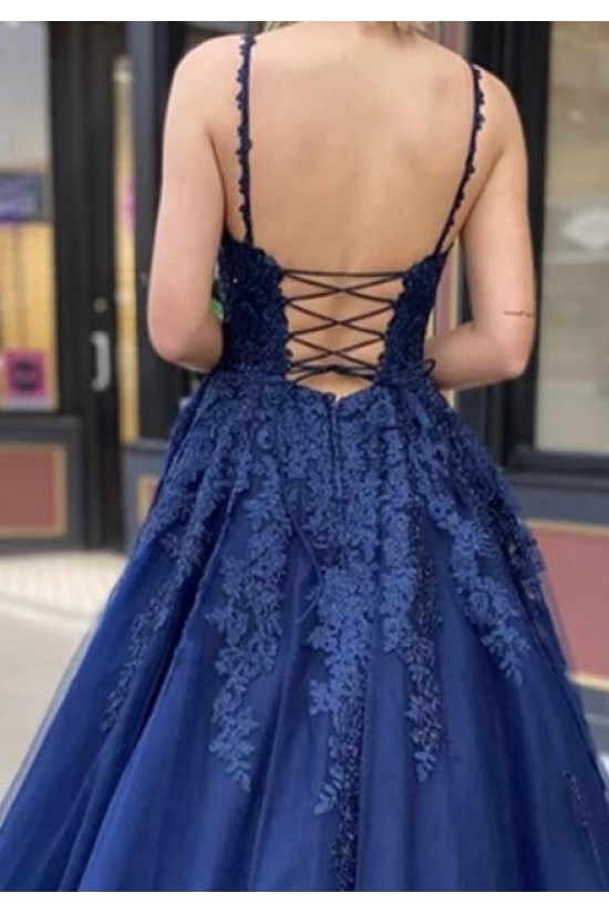 A-Line Spaghetti Straps Lace V-Neck Long Prom Dresses Formal Evening Gowns 601831