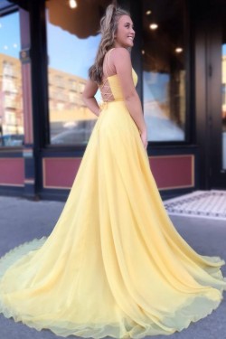 A-Line Spaghetti Straps Long Yellow Prom Dresses Formal Evening Gowns 601833