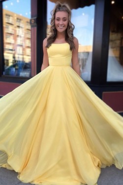 A-Line Spaghetti Straps Long Yellow Prom Dresses Formal Evening Gowns 601833